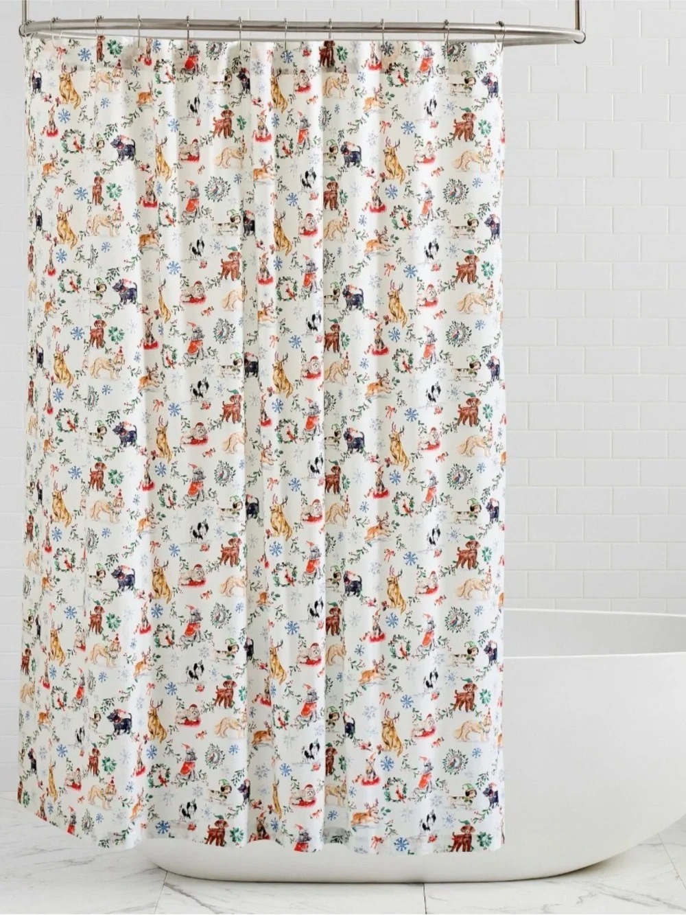 Pottery Barn Christmas Dogs Shower Curtain 72x72” Square Vintage Retro Vibe